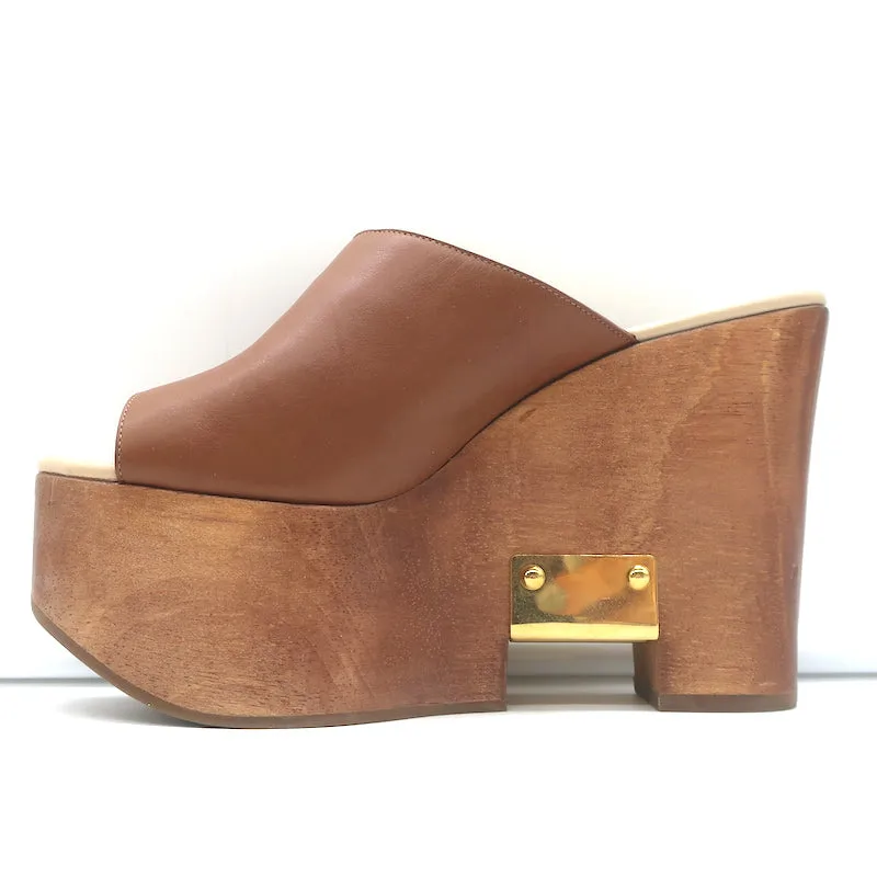 Dolce & Gabbana Brigitte Logo Wood Platform Wedge Sandals Brown Leather Size 36