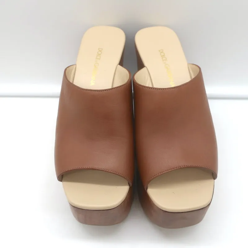 Dolce & Gabbana Brigitte Logo Wood Platform Wedge Sandals Brown Leather Size 36