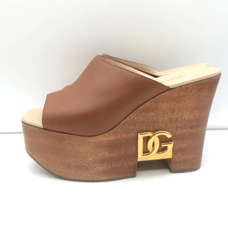 Dolce & Gabbana Brigitte Logo Wood Platform Wedge Sandals Brown Leather Size 36