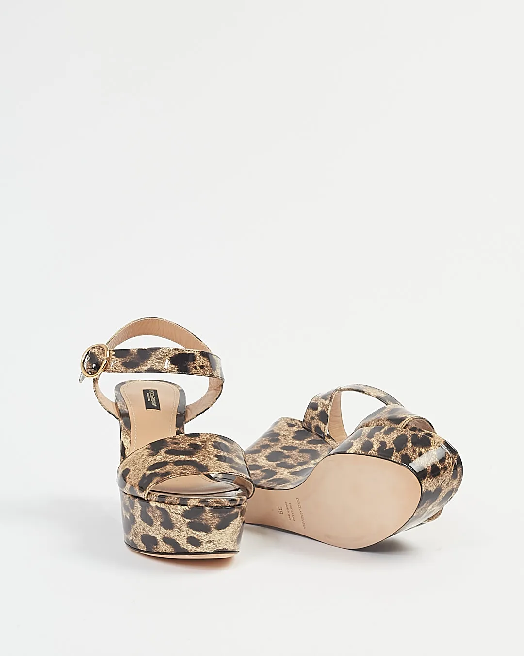 Dolce Gabbana Cheetah Print Patent Leather Strap Wedge Heels - 39