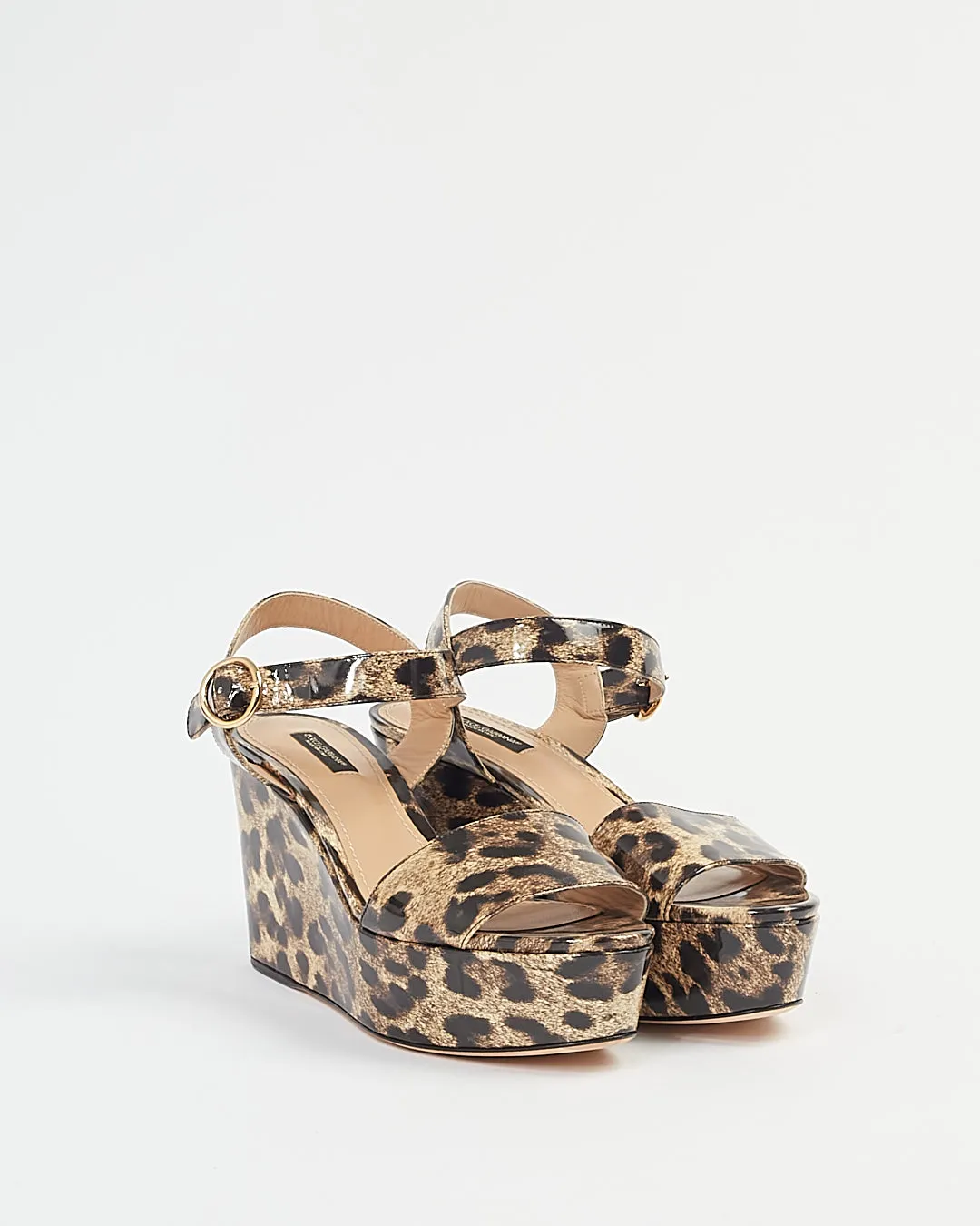 Dolce Gabbana Cheetah Print Patent Leather Strap Wedge Heels - 39