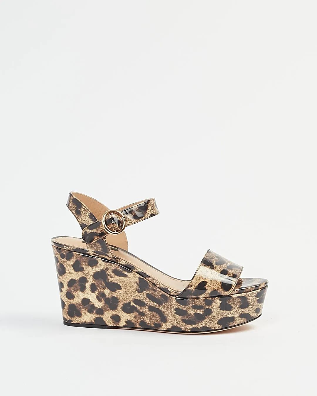 Dolce Gabbana Cheetah Print Patent Leather Strap Wedge Heels - 39