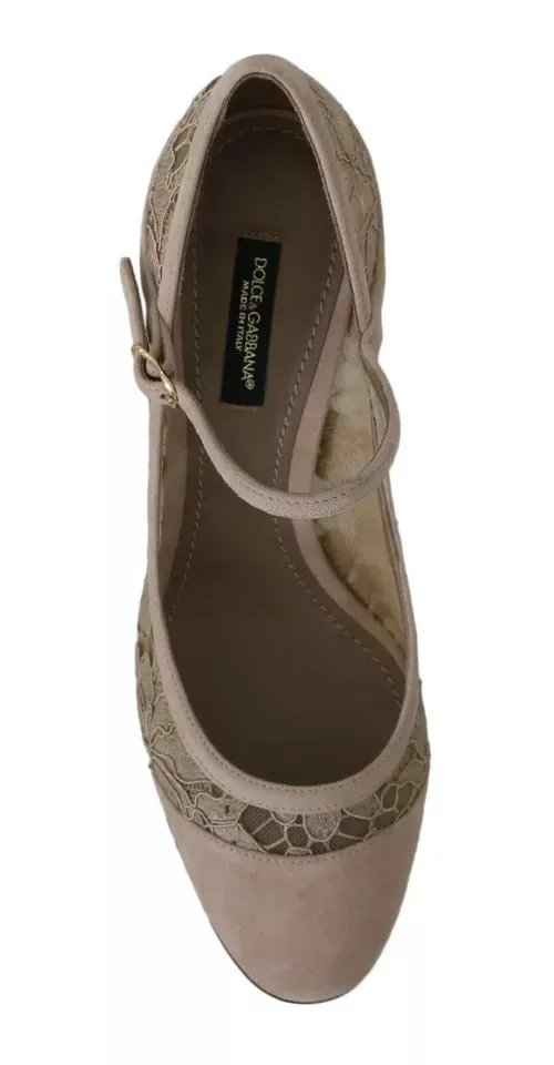 Dolce&Gabbana Women Beige Pumps Leather Floral Lace Mary Jane Heel Shoes EU 36.5