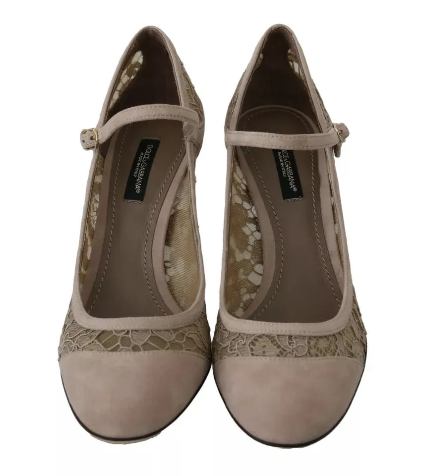 Dolce&Gabbana Women Beige Pumps Leather Floral Lace Mary Jane Heel Shoes EU 36.5