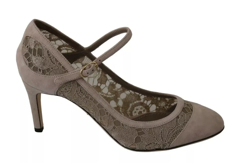 Dolce&Gabbana Women Beige Pumps Leather Floral Lace Mary Jane Heel Shoes EU 36.5