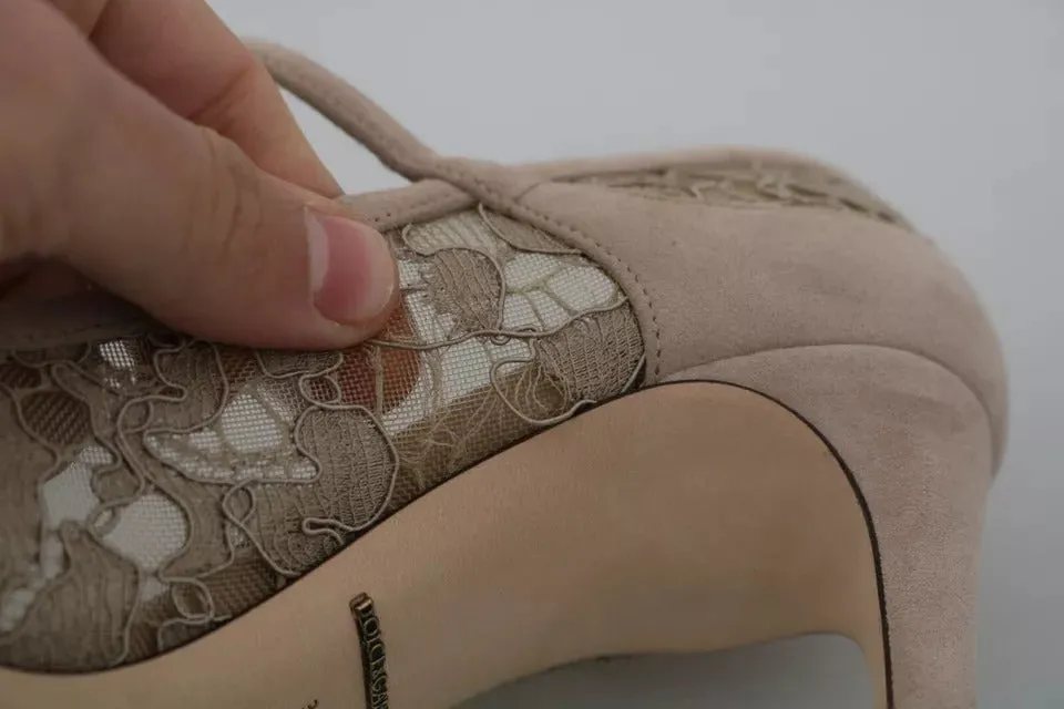 Dolce&Gabbana Women Beige Pumps Leather Floral Lace Mary Jane Heel Shoes EU 36.5
