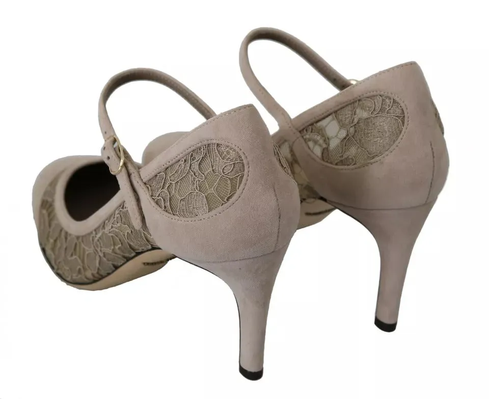 Dolce&Gabbana Women Beige Pumps Leather Floral Lace Mary Jane Heel Shoes EU 36.5