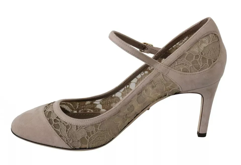 Dolce&Gabbana Women Beige Pumps Leather Floral Lace Mary Jane Heel Shoes EU 36.5