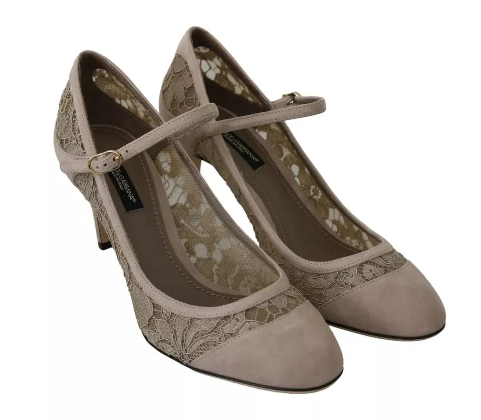 Dolce&Gabbana Women Beige Pumps Leather Floral Lace Mary Jane Heel Shoes EU 36.5