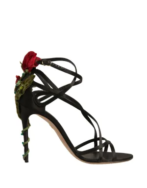 Dolce&Gabbana Women Black Sandals Viscose Floral High Heel Strappy Shoes EUR 38