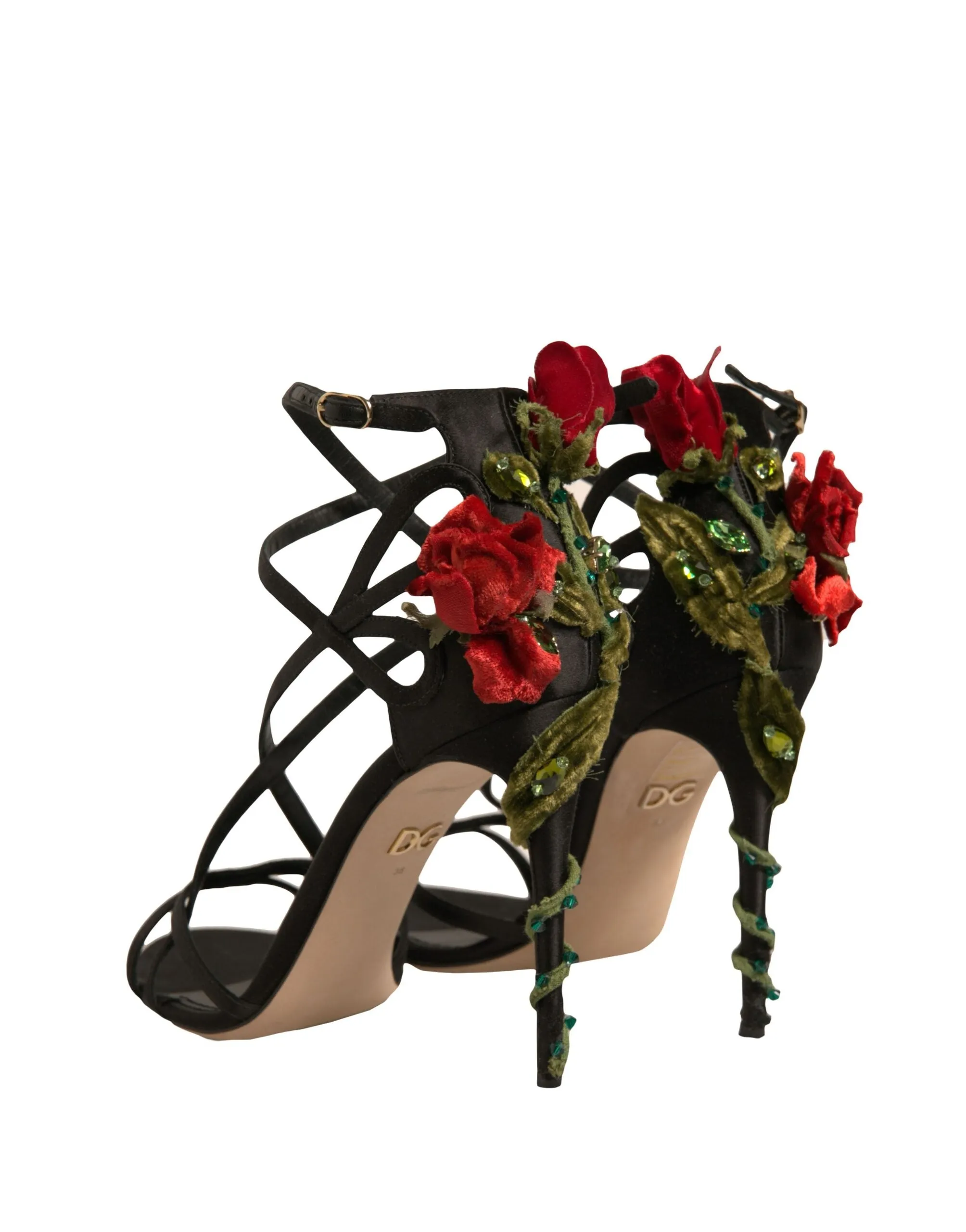 Dolce&Gabbana Women Black Sandals Viscose Floral High Heel Strappy Shoes EUR 38
