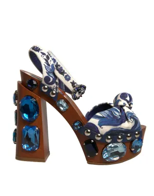 Dolce&Gabbana Women Brown Sandals Leather Majolica Print Ankle Strap Shoes EU 36