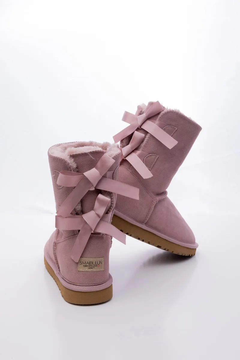 Double Ballet Ribbon Bow Suede Shearling Boots - Taro