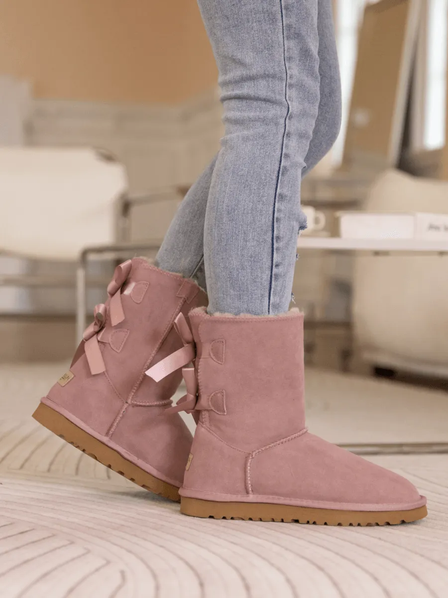 Double Ballet Ribbon Bow Suede Shearling Boots - Taro