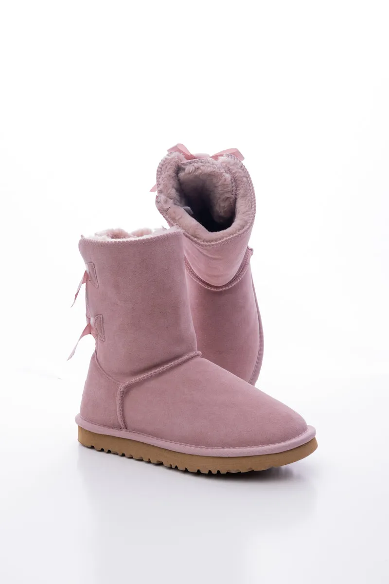 Double Ballet Ribbon Bow Suede Shearling Boots - Taro