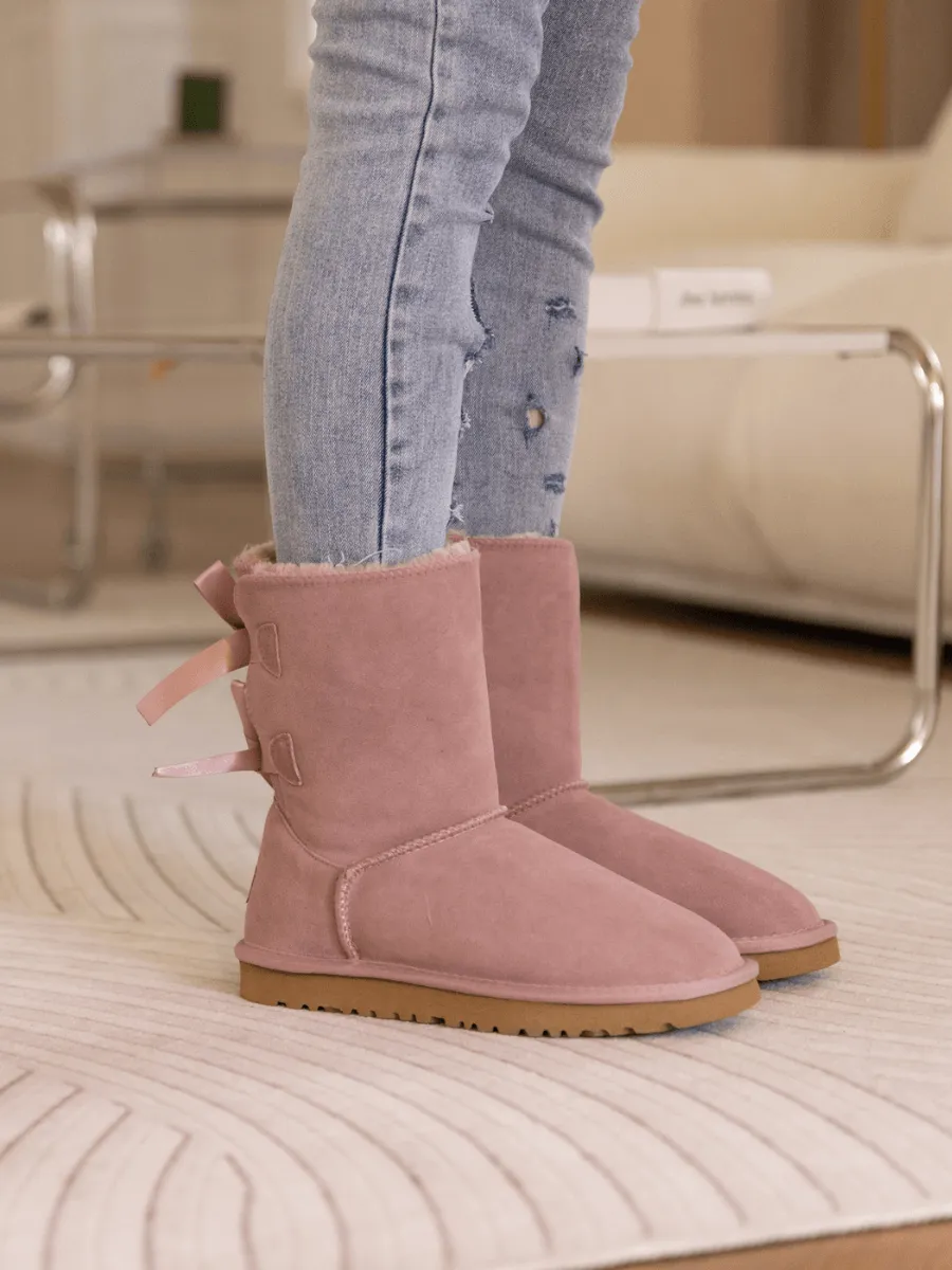 Double Ballet Ribbon Bow Suede Shearling Boots - Taro