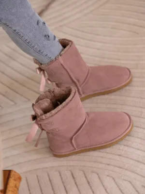 Double Ballet Ribbon Bow Suede Shearling Boots - Taro