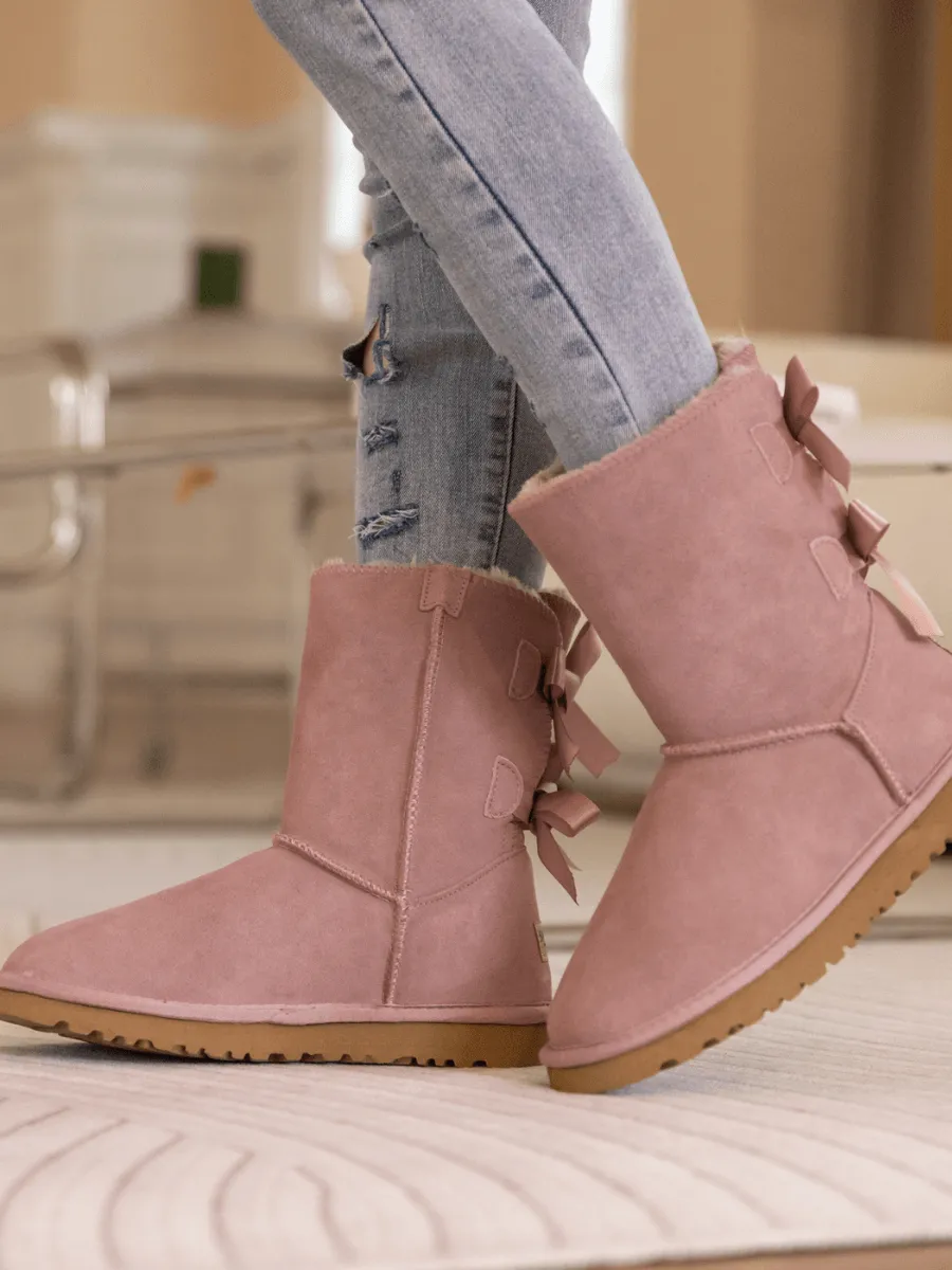 Double Ballet Ribbon Bow Suede Shearling Boots - Taro