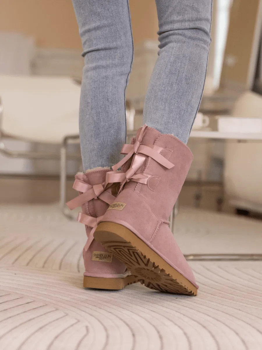 Double Ballet Ribbon Bow Suede Shearling Boots - Taro