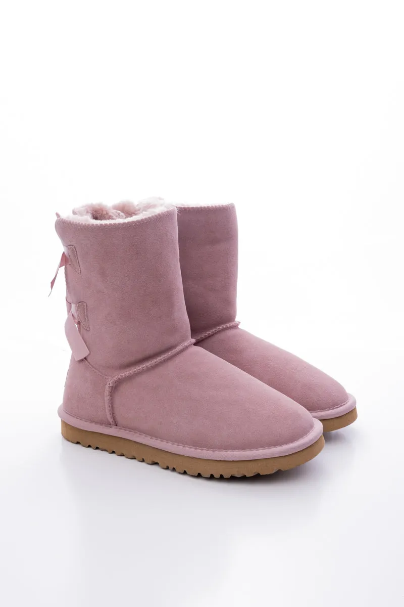 Double Ballet Ribbon Bow Suede Shearling Boots - Taro