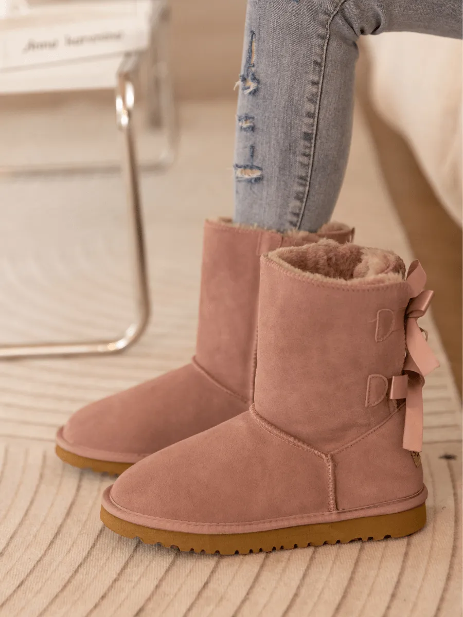 Double Ballet Ribbon Bow Suede Shearling Boots - Taro