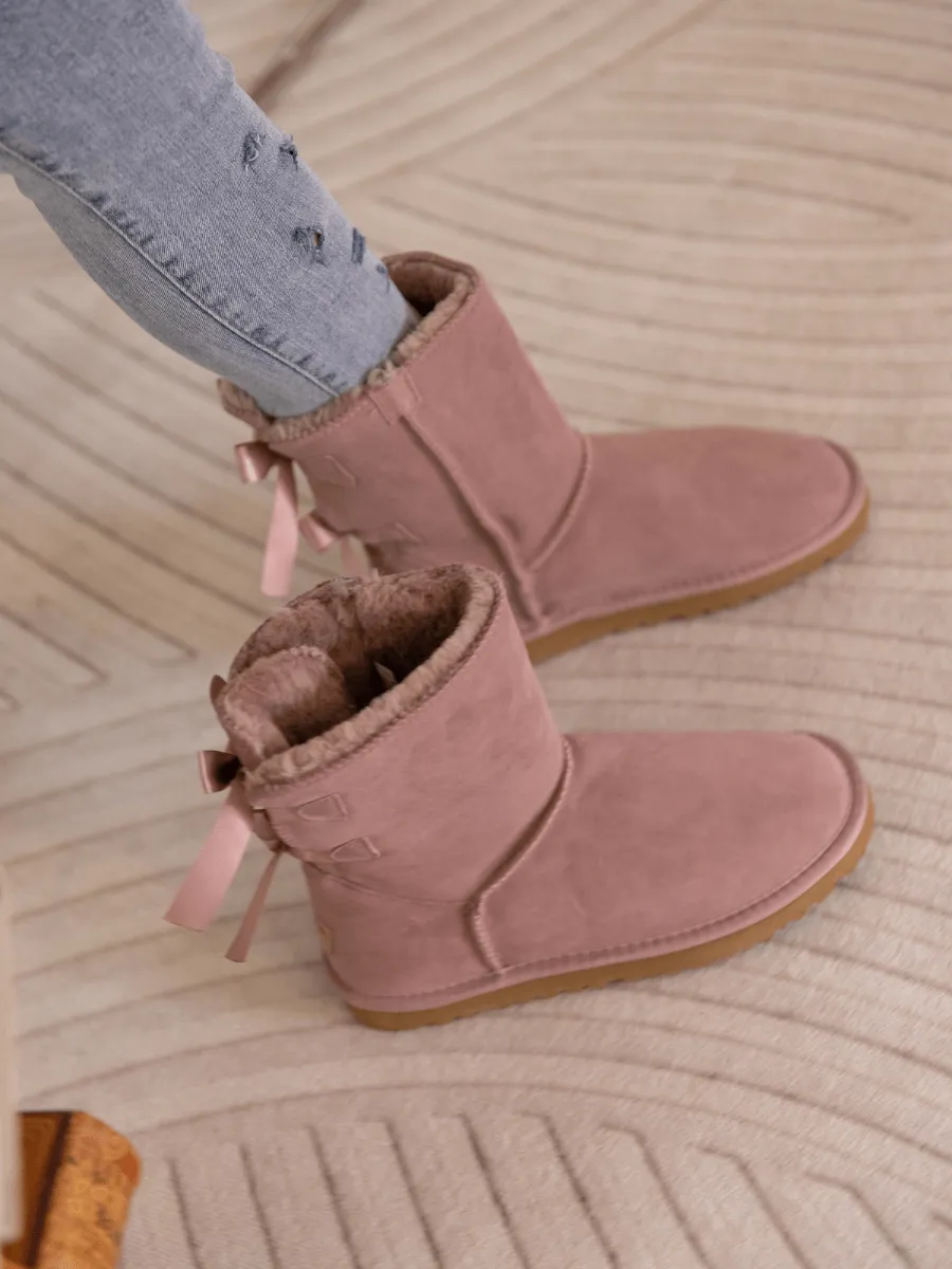 Double Ballet Ribbon Bow Suede Shearling Boots - Taro
