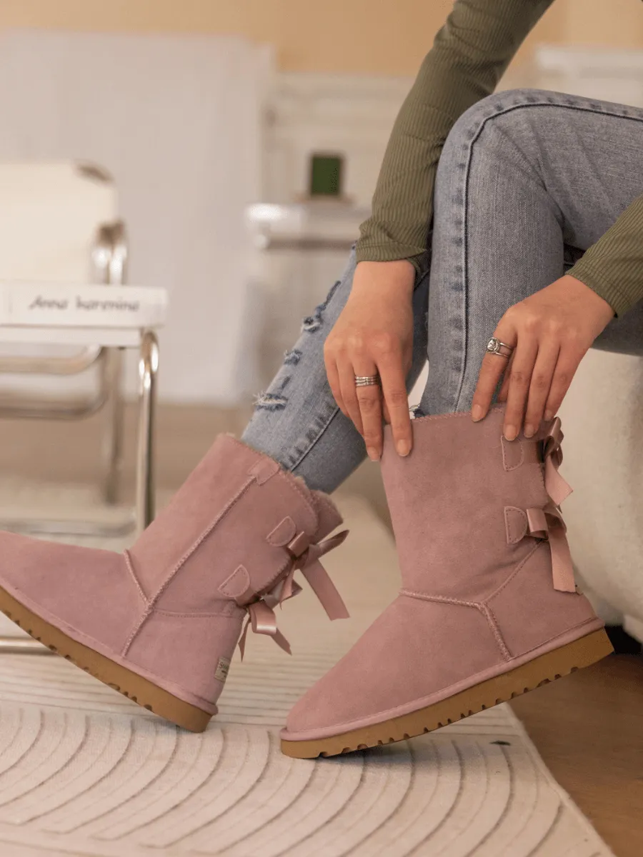 Double Ballet Ribbon Bow Suede Shearling Boots - Taro