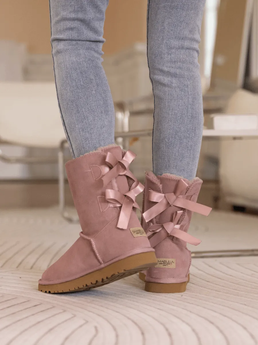 Double Ballet Ribbon Bow Suede Shearling Boots - Taro