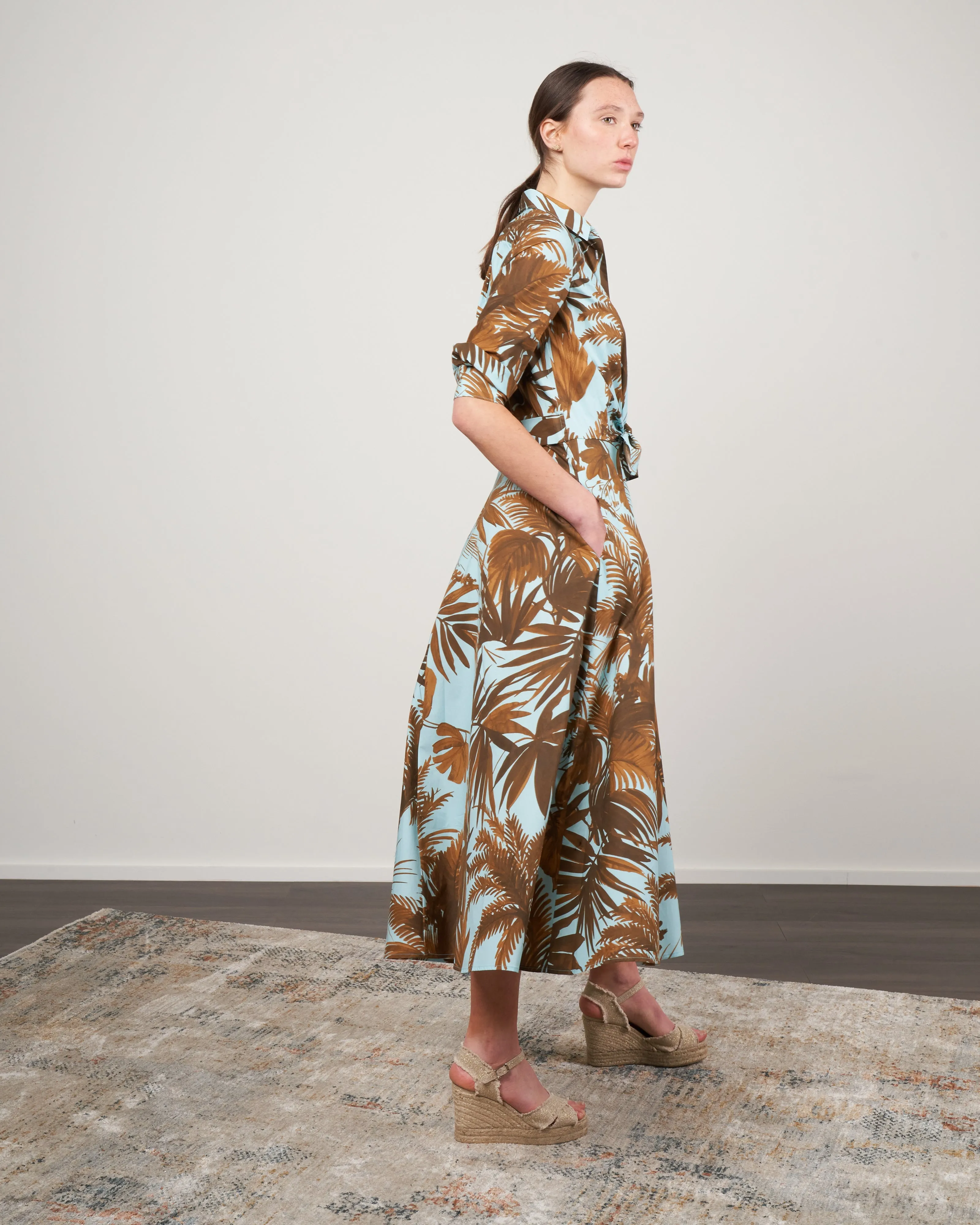 dralla tie front dress - blue cotton palm print