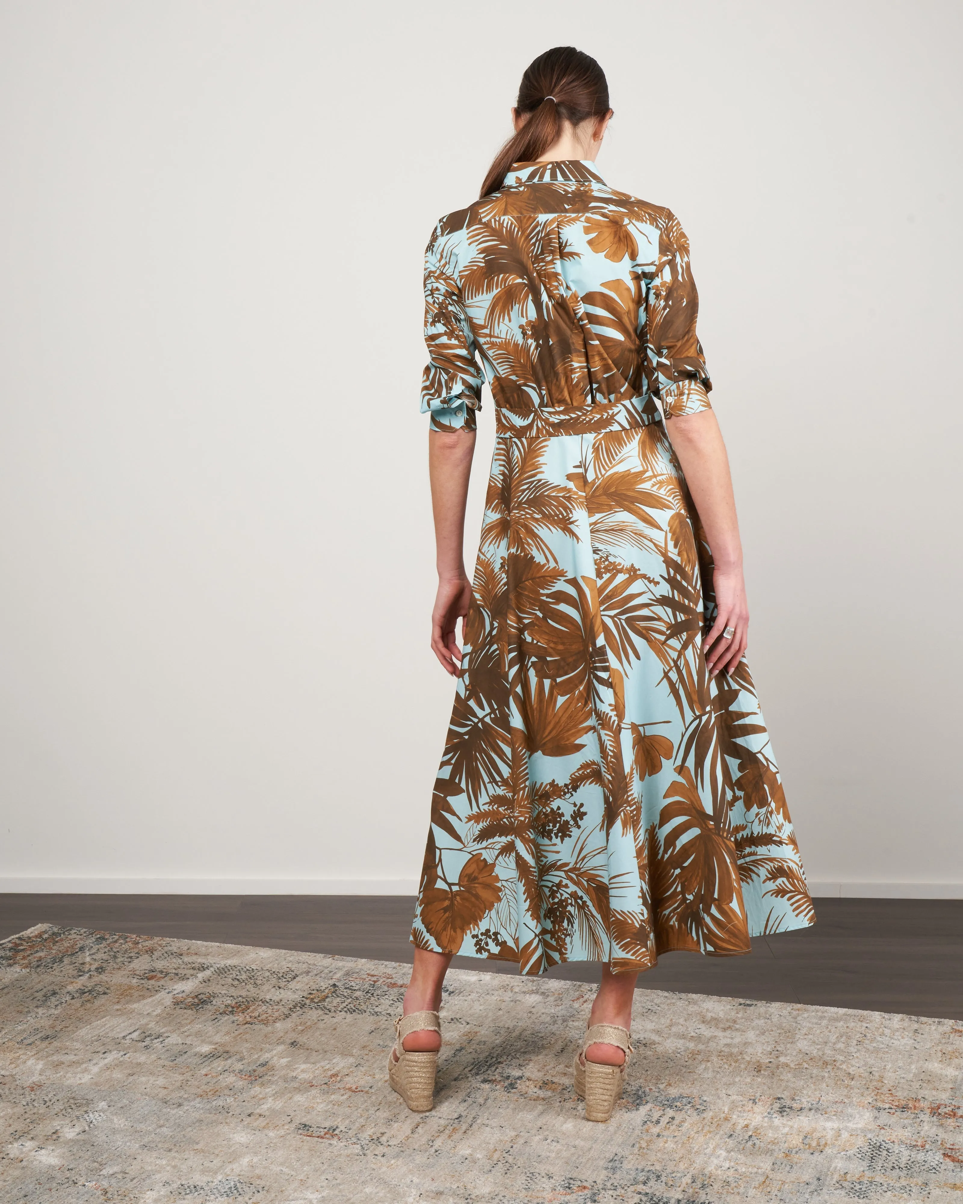 dralla tie front dress - blue cotton palm print