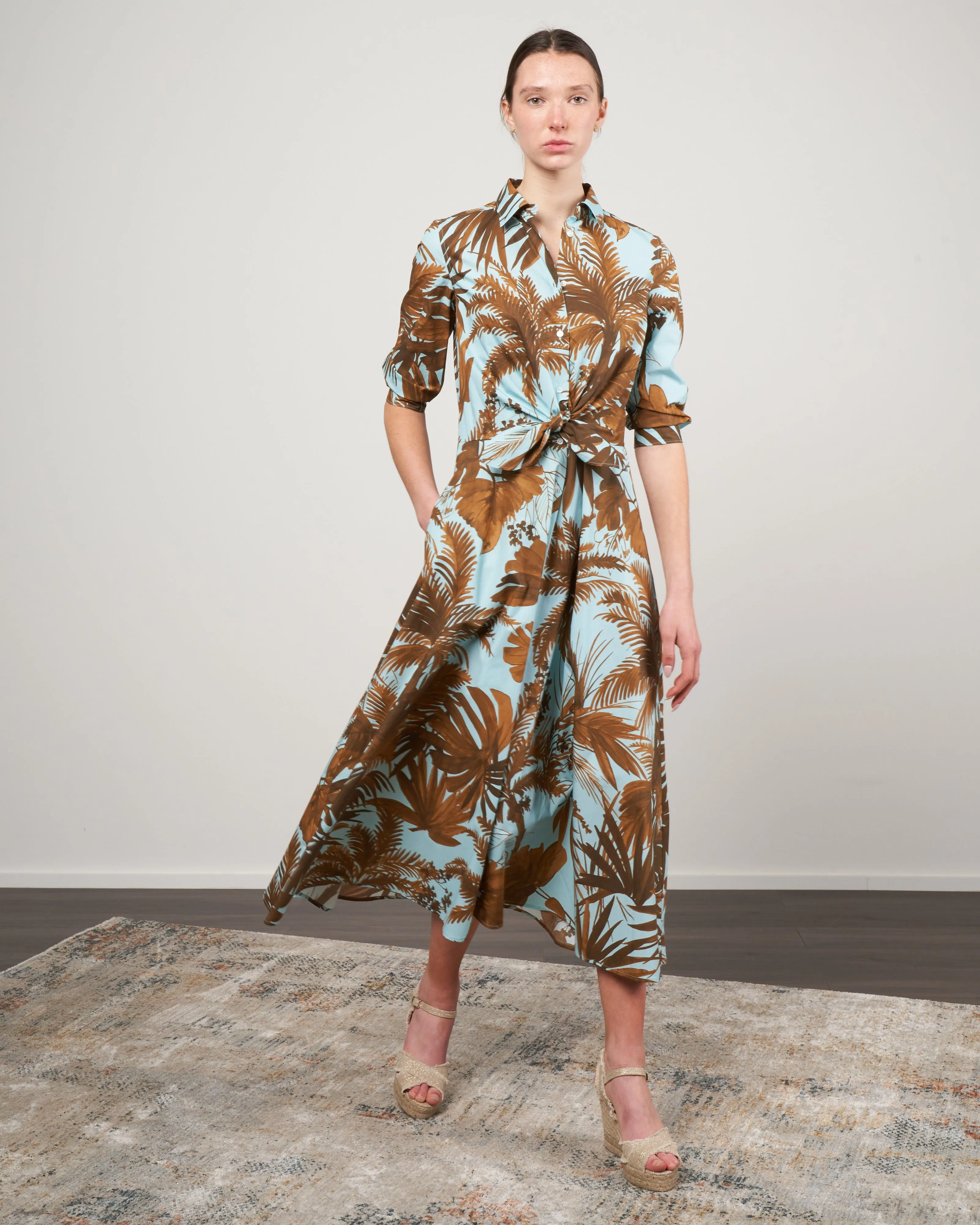 dralla tie front dress - blue cotton palm print
