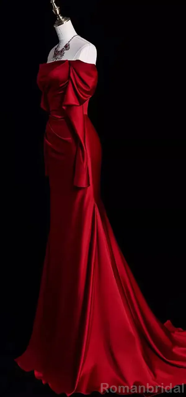 Elegant Off the Shoulder Long Sleeves Mermaid Red Long Evening Prom Dress Online, OL161