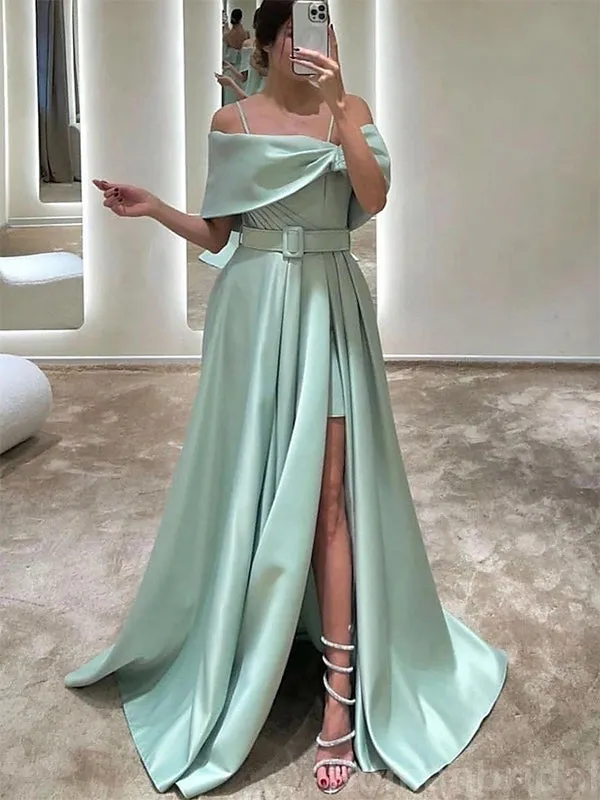 Elegant Spaghetti Straps Off the Shoulder A-line Side Slit Long Evening Burgundy Sage Prom Dress with Belt, OL209