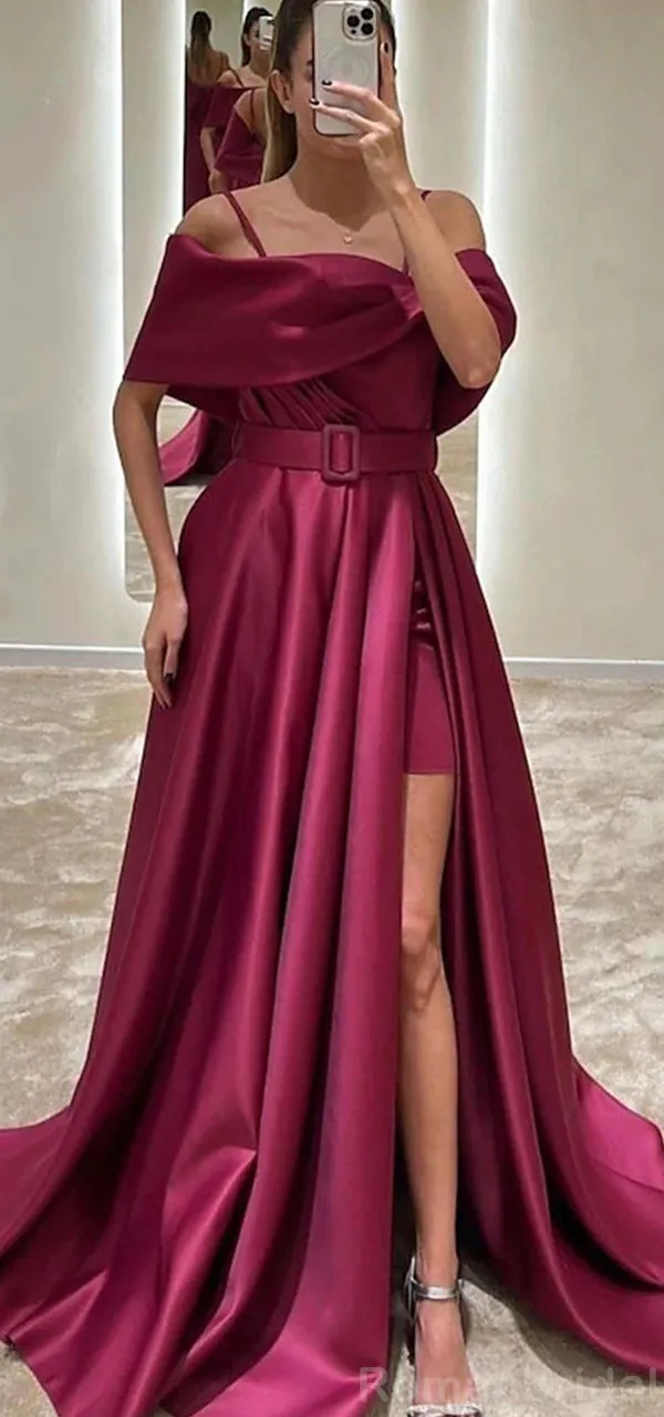 Elegant Spaghetti Straps Off the Shoulder A-line Side Slit Long Evening Burgundy Sage Prom Dress with Belt, OL209