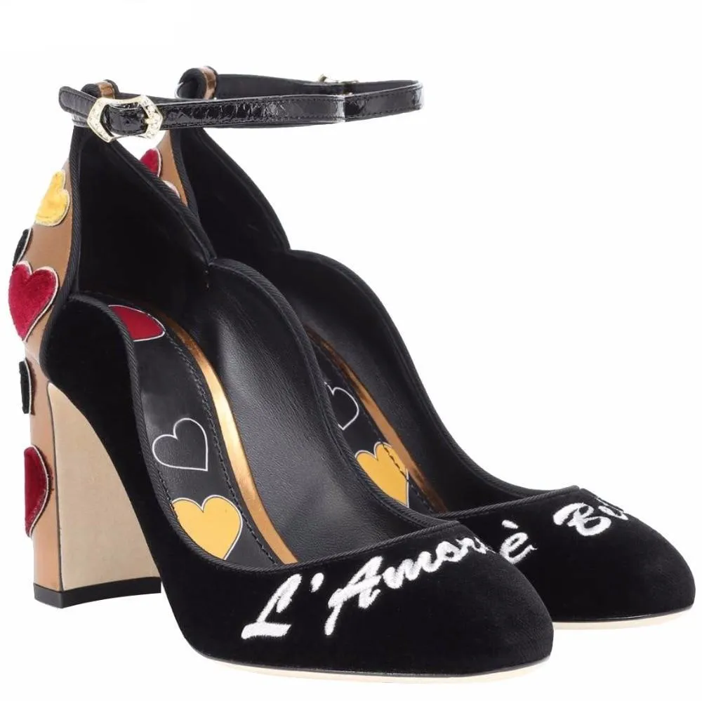 Excellent Embroidery wedding shoes women Love Heart high Heel real leather Round Toe Buckled strap Velvet Pumps runway style