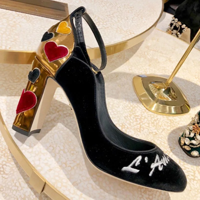 Excellent Embroidery wedding shoes women Love Heart high Heel real leather Round Toe Buckled strap Velvet Pumps runway style