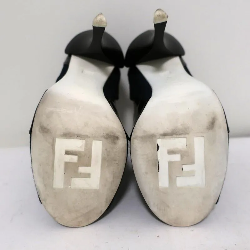 Fendi Booties Dark Denim & Black Patent Leather Size 36 Peep-Toe Heel
