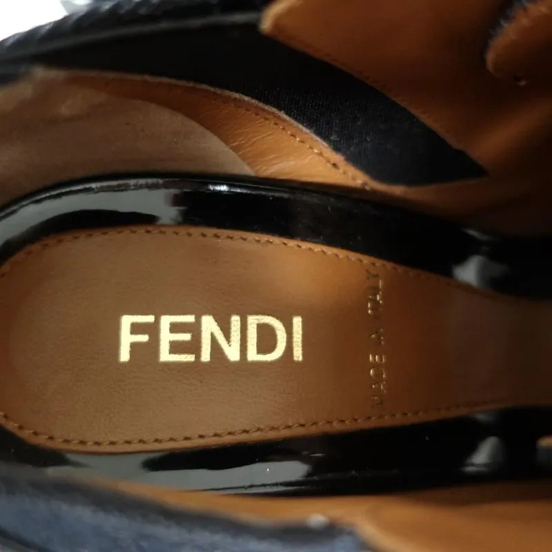 Fendi Booties Dark Denim & Black Patent Leather Size 36 Peep-Toe Heel