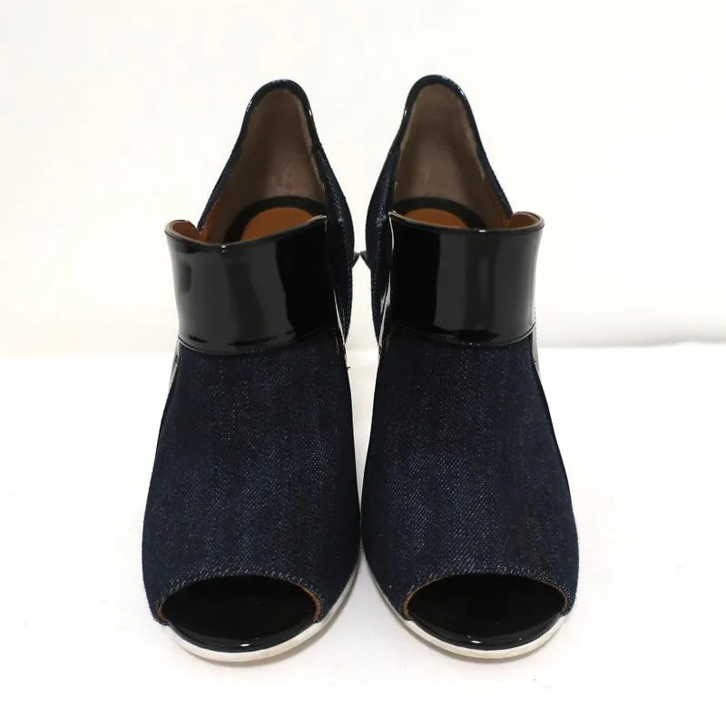 Fendi Booties Dark Denim & Black Patent Leather Size 36 Peep-Toe Heel