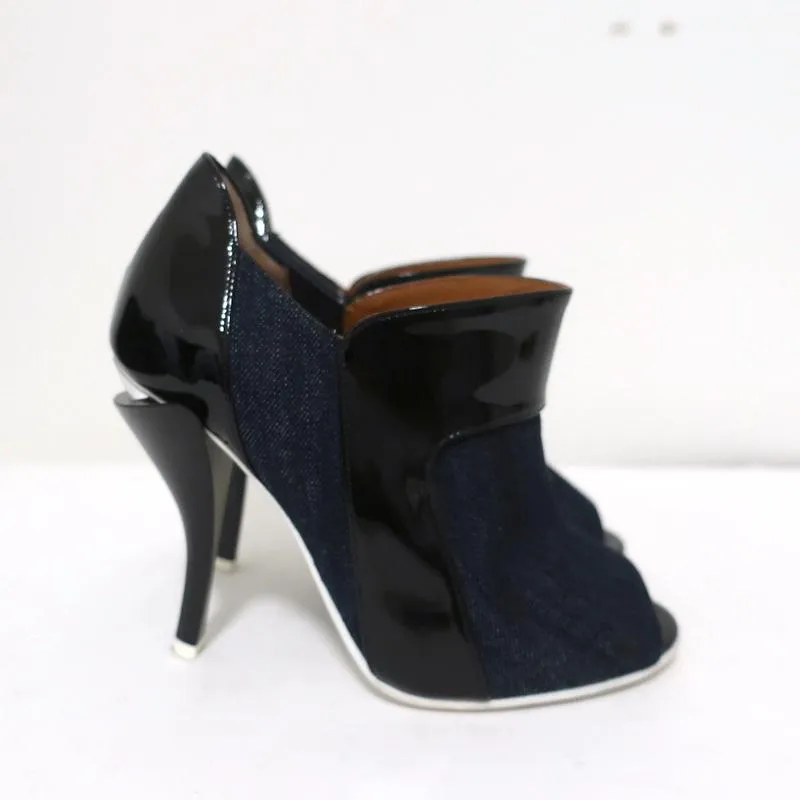 Fendi Booties Dark Denim & Black Patent Leather Size 36 Peep-Toe Heel