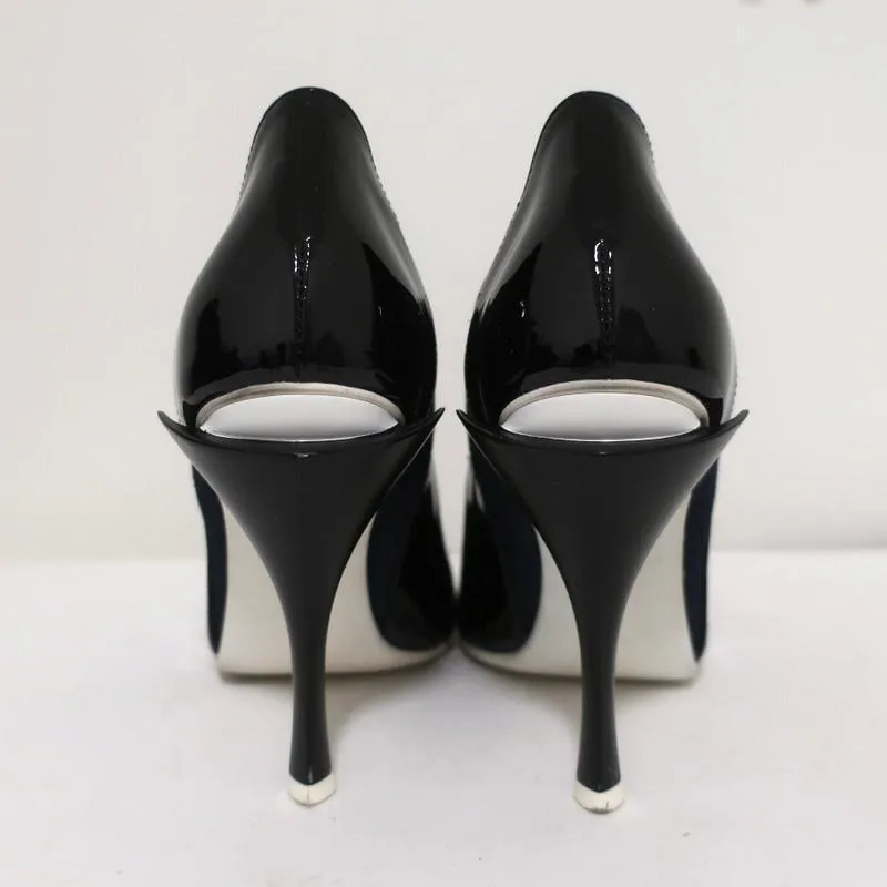 Fendi Booties Dark Denim & Black Patent Leather Size 36 Peep-Toe Heel
