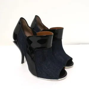 Fendi Booties Dark Denim & Black Patent Leather Size 36 Peep-Toe Heel