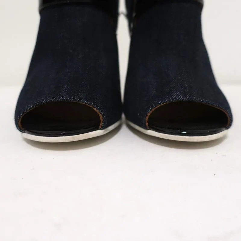 Fendi Booties Dark Denim & Black Patent Leather Size 36 Peep-Toe Heel