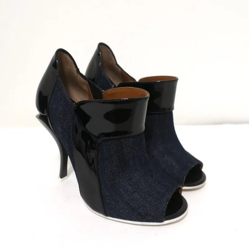 Fendi Booties Dark Denim & Black Patent Leather Size 36 Peep-Toe Heel