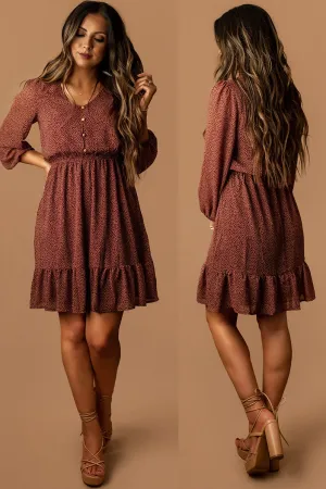 Forgotten Romance Button Front Mini Dress (Brick Burgundy)