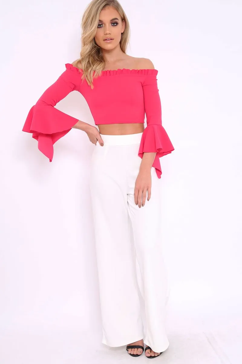 Fuchsia Bardot Frill Crop Top with Flared Sleeves - Tiffy