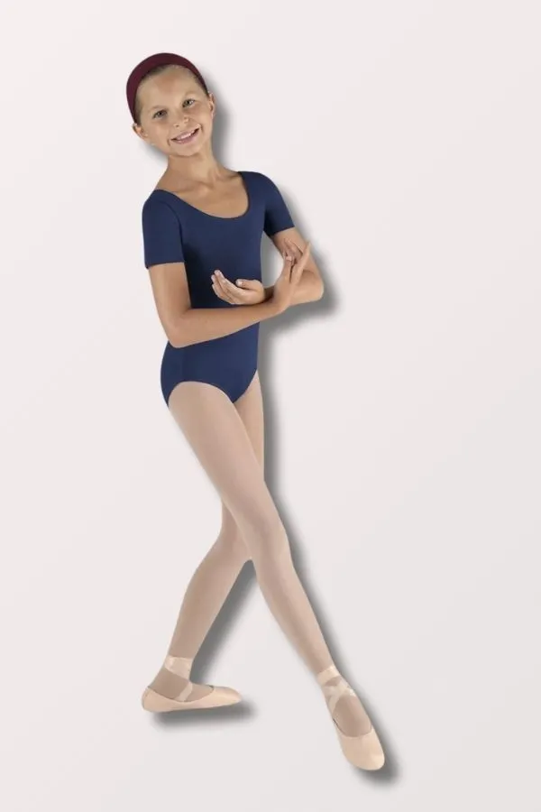 Girls Short Sleeve Round Neck Leotard - Navy