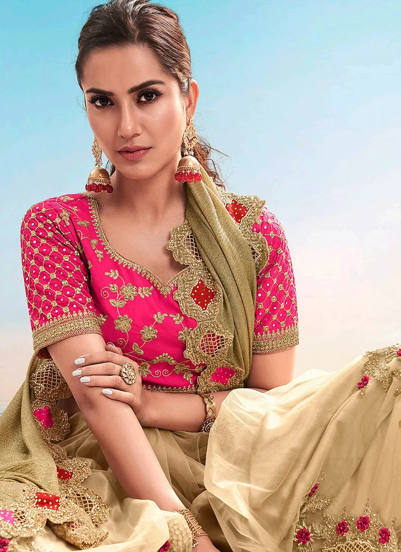 Golden And Pink Embroidered Saree