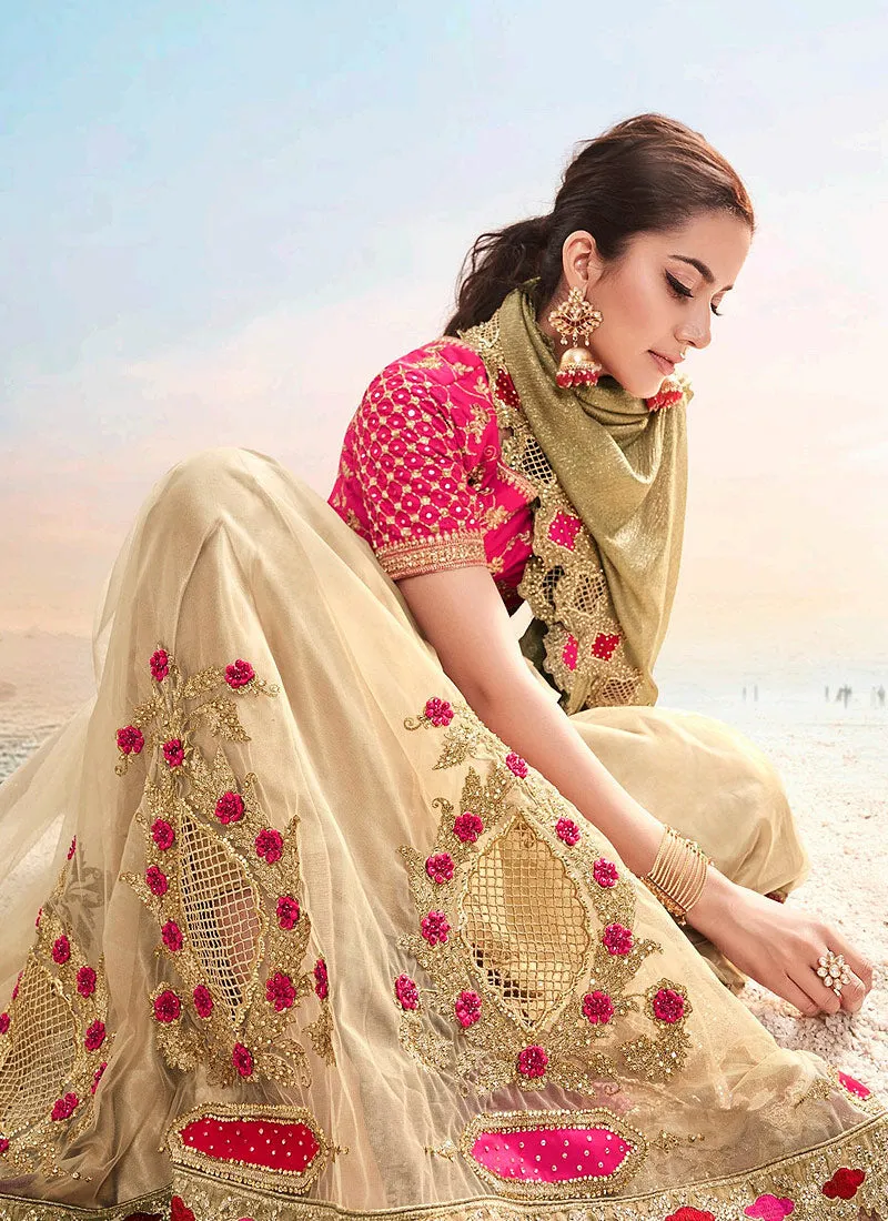Golden And Pink Embroidered Saree
