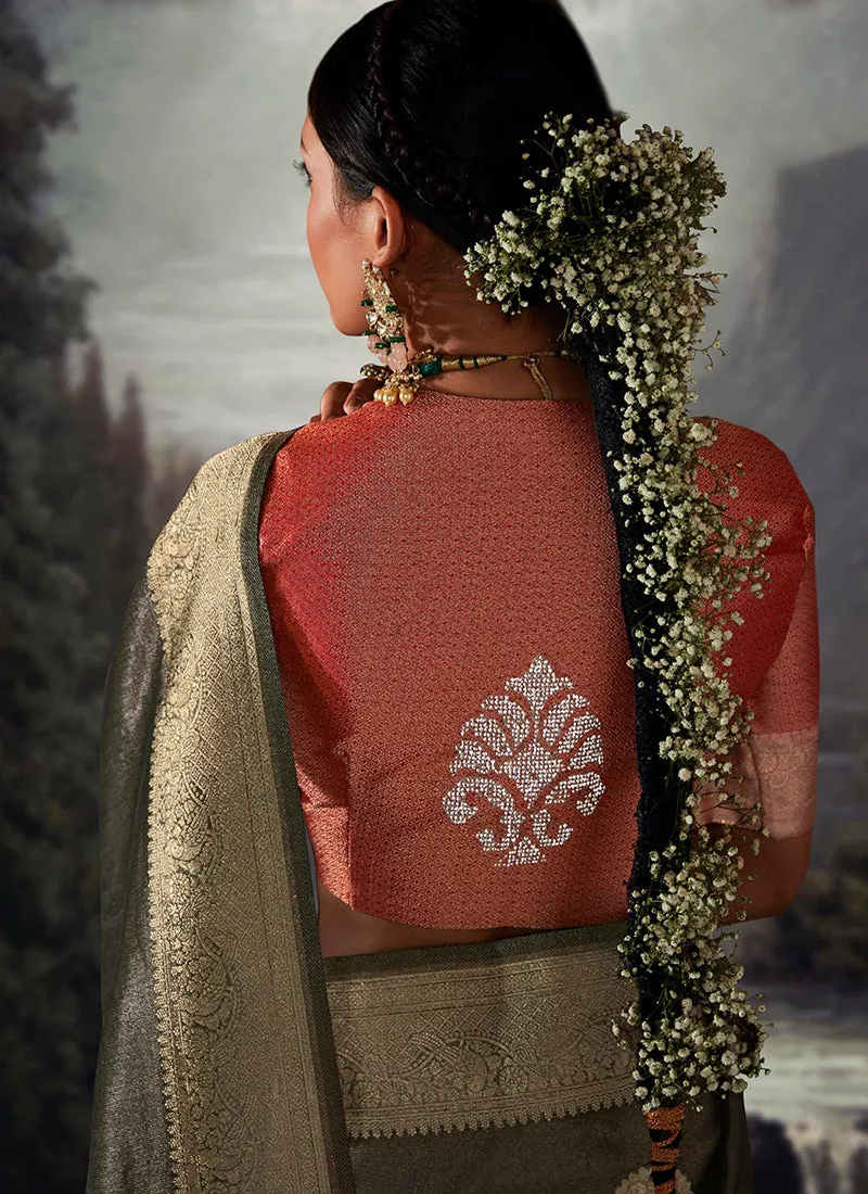 Green And Red Crystal Stone Embellished Brocade Silk Saree